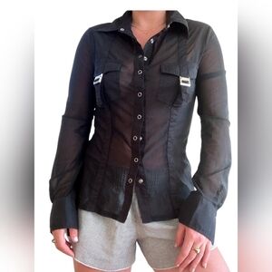 Bisou Bisou Sheer Black Top Size M Snap Front Buckle Pocket Shirt Cyber Goth